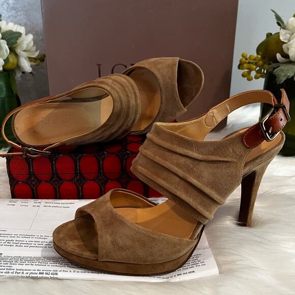J. Crew Nicola Platform Suede Slingback Heels Toffee Sz 5.5 with box - Picture 14 of 16
